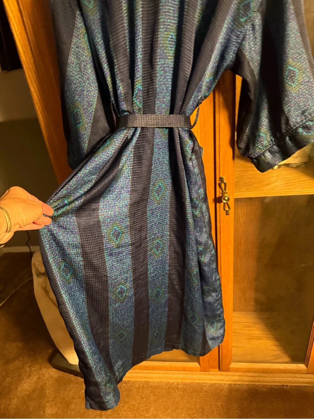 Christian Dior men’s robe one size navy green & blue peacock pattern geometric